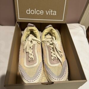 Dolce Vita Dolen Knit Sneaker in the Pastel Stripe color, size 8.5.